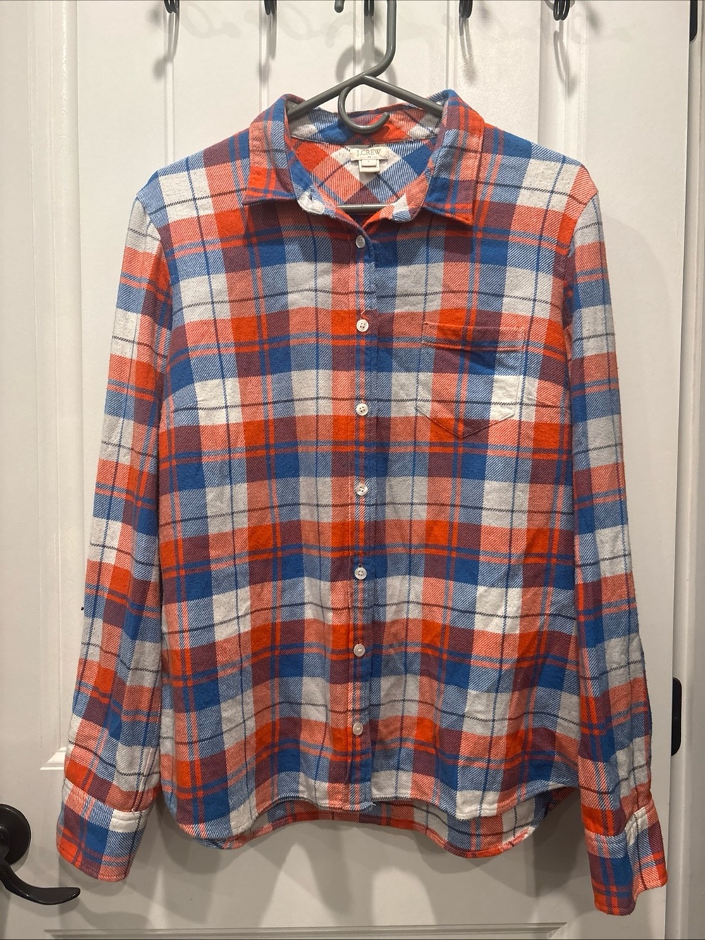 J. Crew woman’s size L Plaid Button-Up Shirt - Orange, Blue & White
